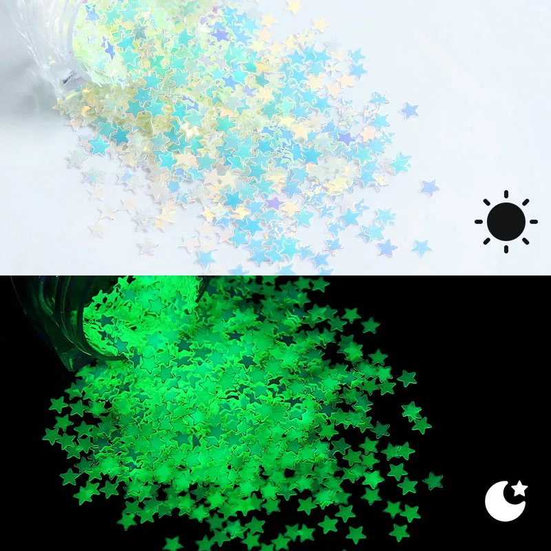 Luminoso Effetto Greenlight Star Nail Glitter Flakes Accessori Love Hearts/Butterfly/Moon /Rabbit Nail Art Decoration Supplies