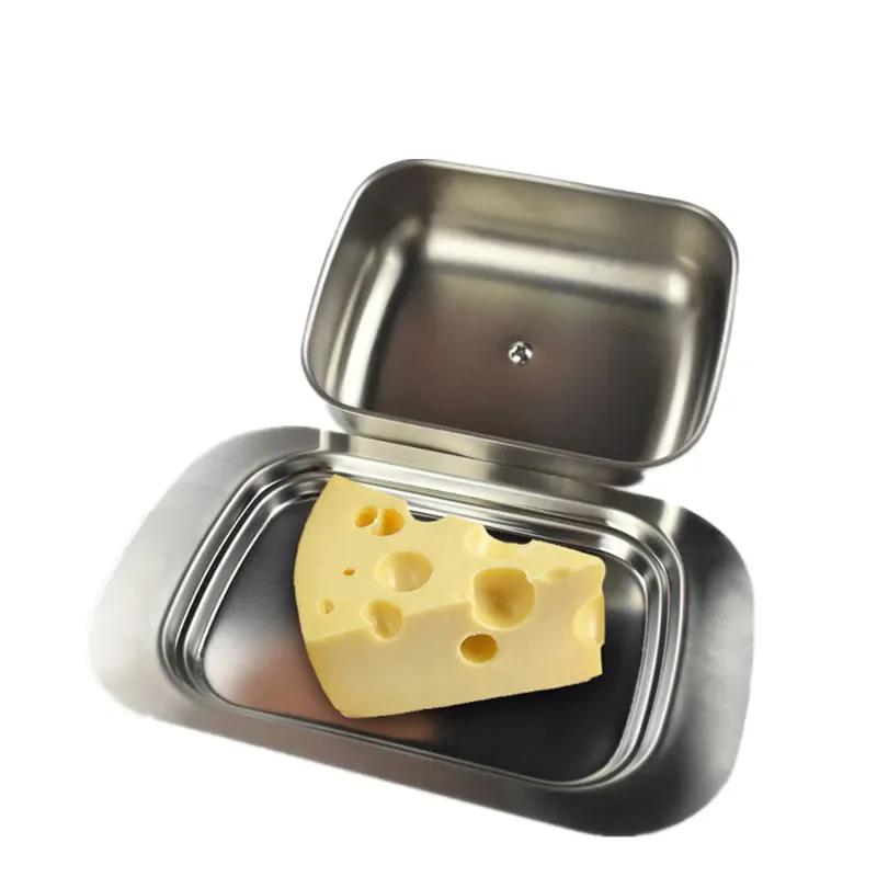 1pc Stainless Steel Butter Dish Box Container Cheese Server Storage Keeper Tray with Hold Lid Fruit Salad Cheese Dish