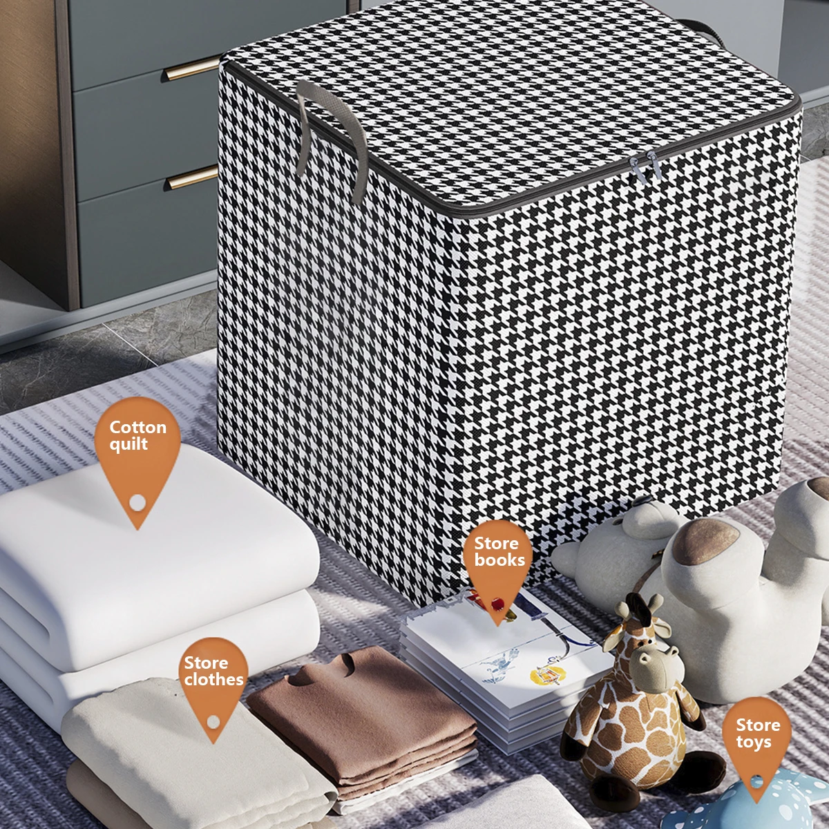 Large Capacity Clothes Storage Bag Foldable Blanket Storage Box with Zipper and Handle Portable Dustproof Bedding Organizer 5