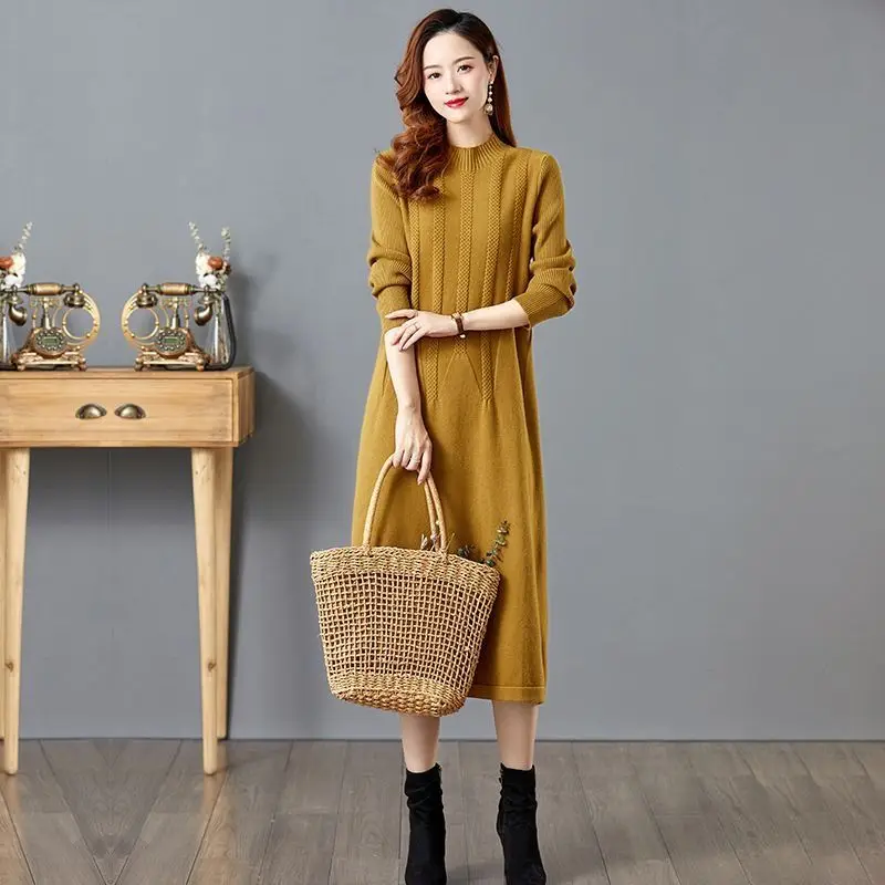 

Women Fashion Autumn Winter Dress Knitting Long Sweater 2023 Patchwork Thread Pattern Half High Collar Pullover Female Dresses