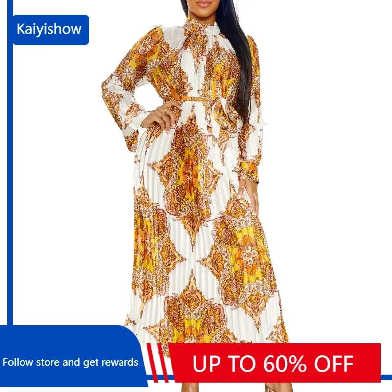

African Dresses for Women Autumn Elegant African Long Sleeve O-neck Print Pleat Long Robes Maxi Dress Dashiki African Clothing