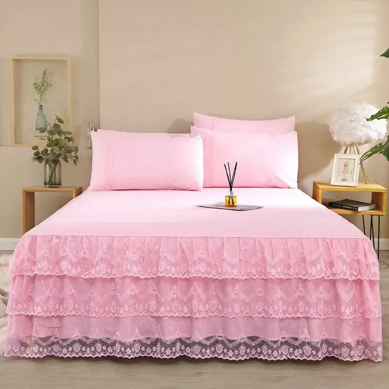 Bedroom Bed Skirt Non-slip Mattress Cover 3 Layers Bed Skirt Couvre Lit Lace Ruffled Bed Skirt Bedsheet Bedspread