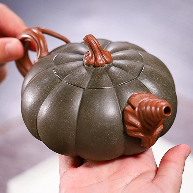 Chinese Style Pumpkin Shaped Teapot, Purple Clay Raw Ore Green Mud, Kung Fu Household, Pure Handmade, 310ML, Tea Pots, 1Pc