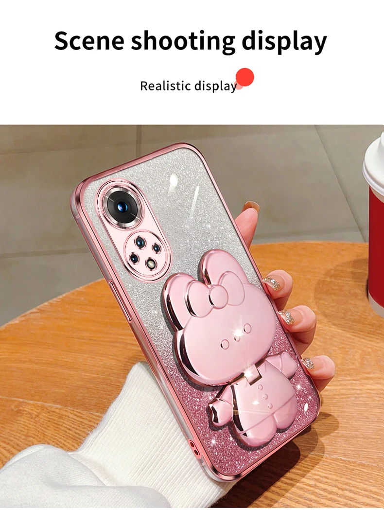 Honor50 Glitter Rabbit Makeup Mirror Holder Case On For Huawei Honor 60 50 90 30 20 Lite 30s Soft Cover Nova 10 11 Pro_voghion.com