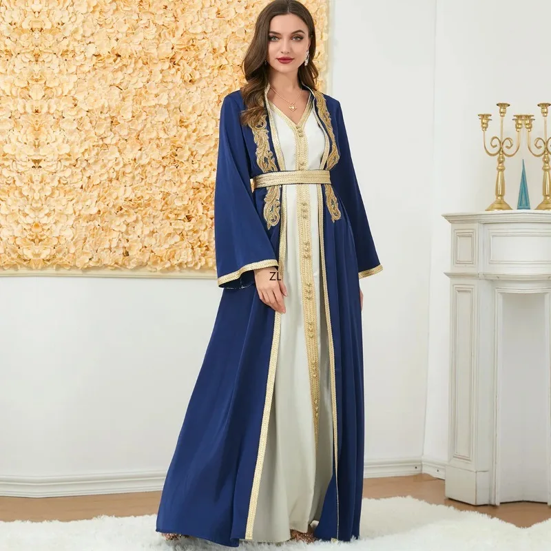 

2024 Muslim Sets Elegant Muslim Women Summer Long Sleeve V-neck Polyester Purple 2 Pieces Dress Coat Matching Sets Muslim Abaya