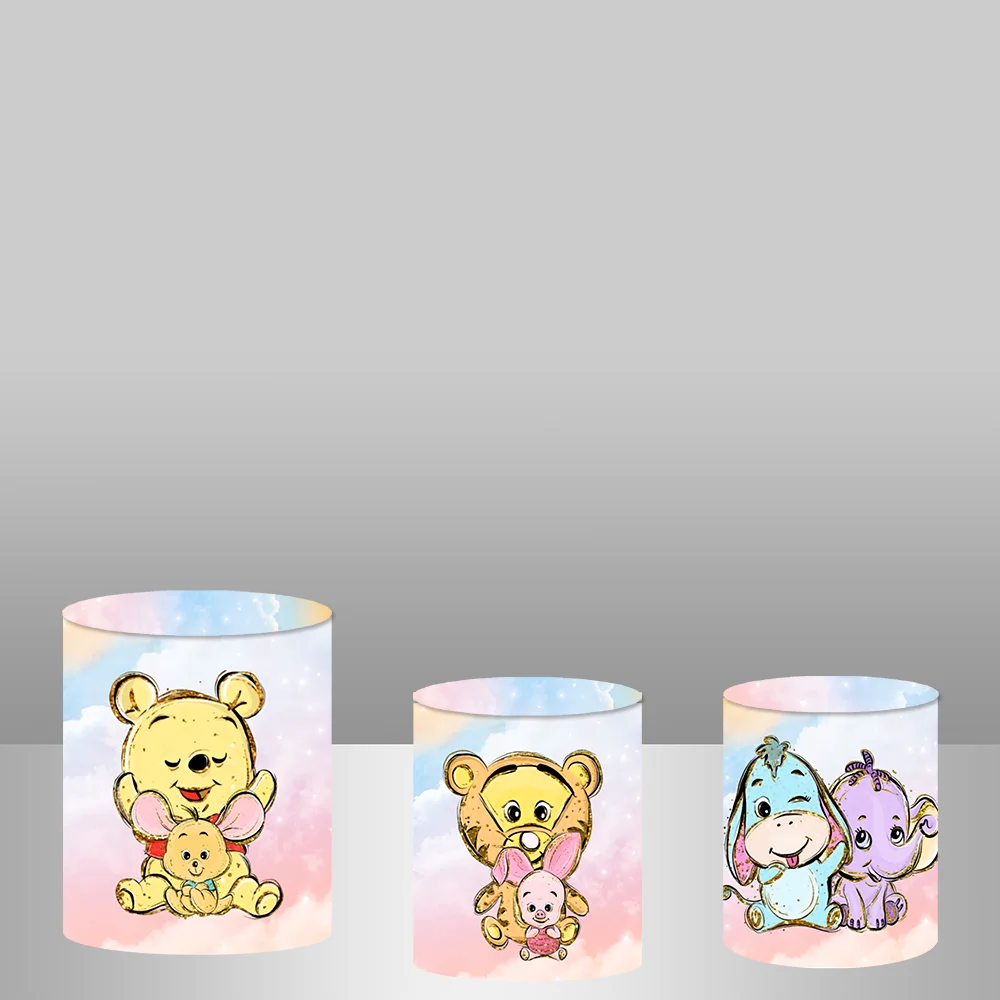 

Kids Newborn 1st Birthday Party Round Backdrop Cover Winnie The Pooh Baby Shower Background for Photo Studio Elastic Cylinders