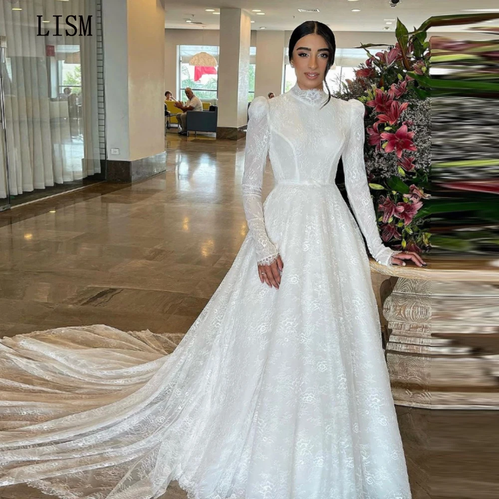 

LISM Luxury High Neck Beach Wedding Dresses Lace Full Sleeves Bride Gowns A-Line Sweep Train Modest Prom Dress свадебное платье