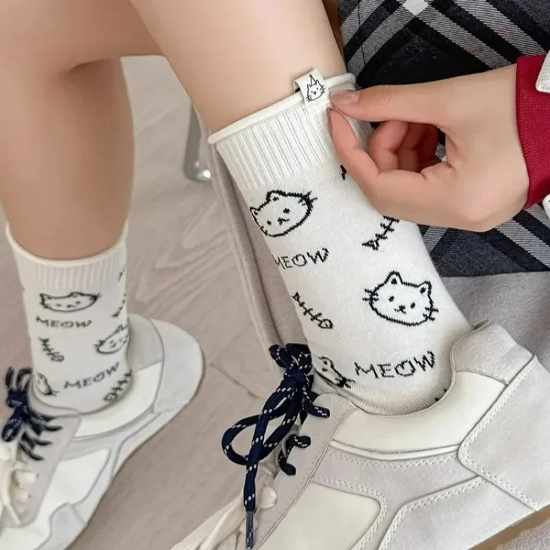 3pairs Comfortable Mid-Calf Cat Printed Socks Cute Breathable Soft Sock Kawaii Fashion Socks High Quality Warm Casual Socks
