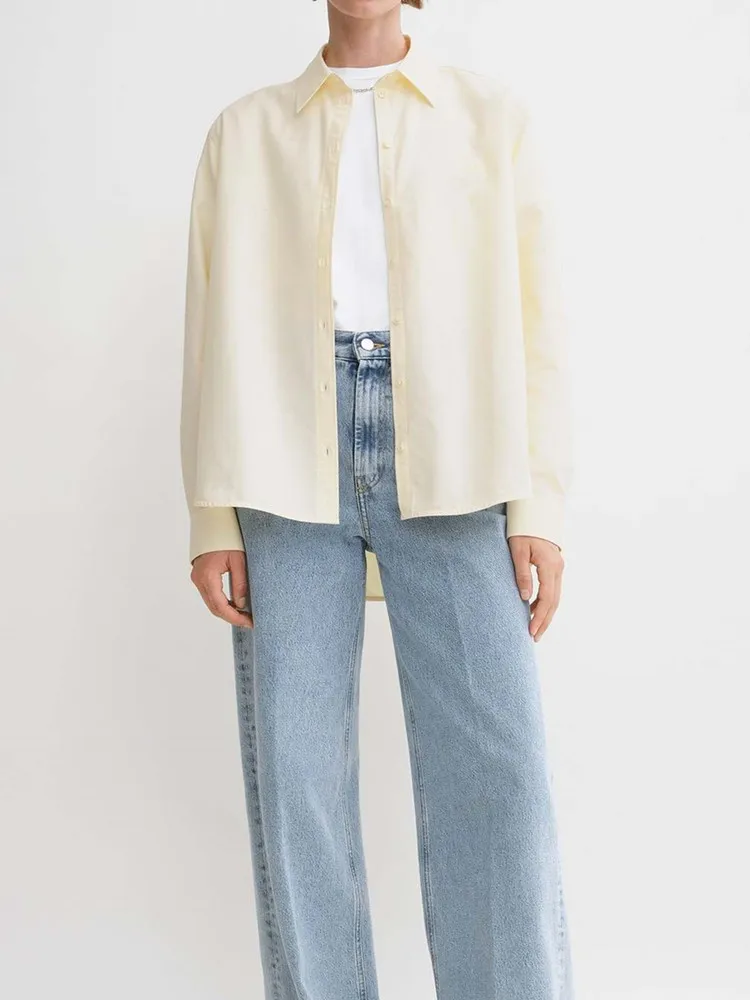 

Женская хлопковая рубашка с вышивкой логотипа, свободная блузка с отложным воротником и длинным рукавом для ранней осени, 2024