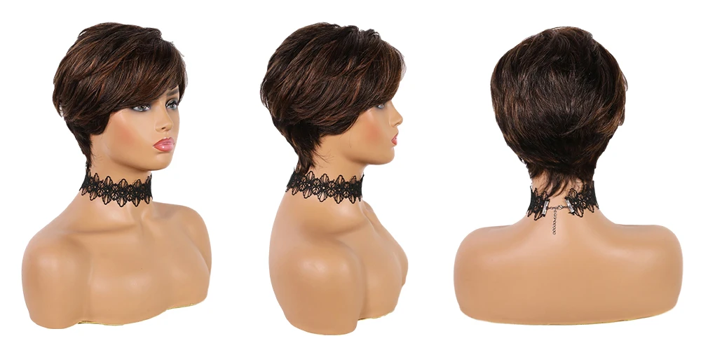 Perucas de Cabelo Brasileiro para Preto Humano Curto Pixie Corte Reto Remy Cabelo Máquina Feita Destaque Cor Barato Glueless Peruca 17 Computers & Electronics