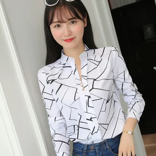 JFUNCY 여성용 긴팔 블라우스, 오피스 레이디 OL 작업 셔츠, 캐주얼 화이트 스트라이프 프린트, 여성 슬림 셔츠 2