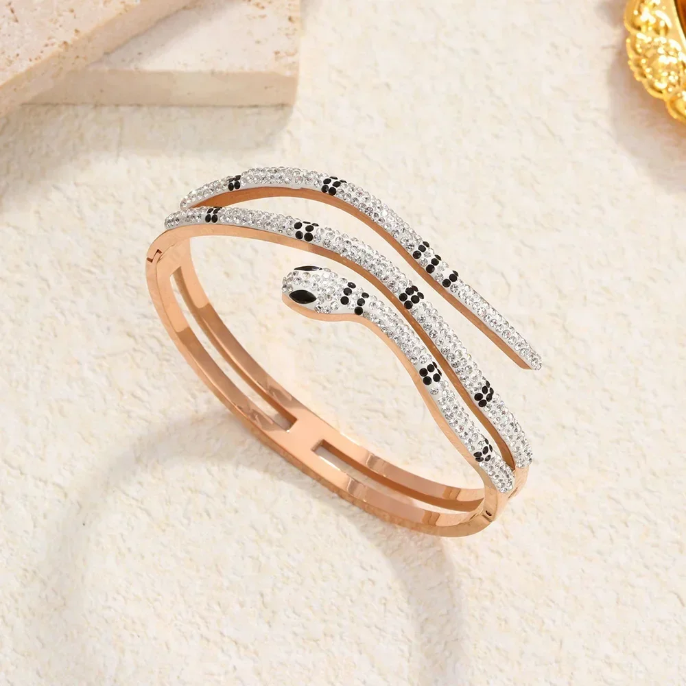 Luxurious Fully Inlaid Zircon Snake Shape Bracelets For Women Stainless Steel Bangles Birthday Party Gift Fashion Hand Jewelry 2