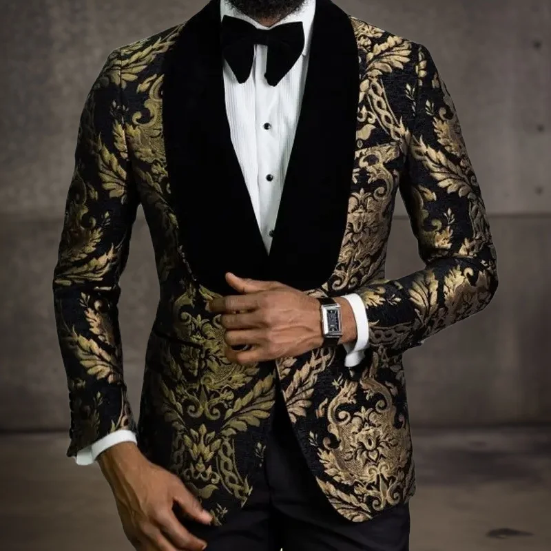 Floral Jacquard Men's Blazer African Fashion Slim Fit Male Suit Smoking Jacket Velvet Shawl Lapel Wedding Groom