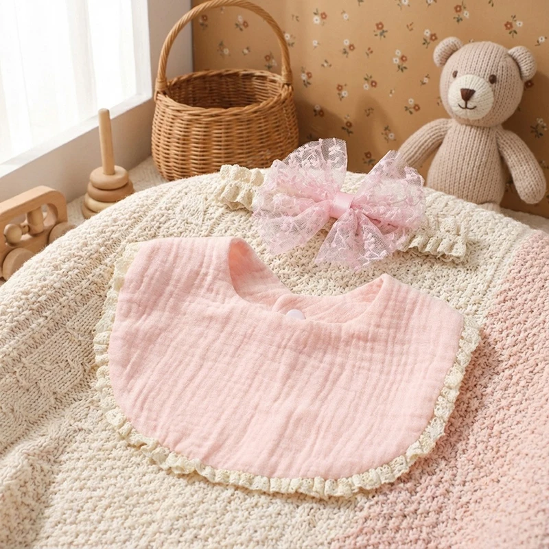  여자아이 리본 헤어밴드 턱받이 세트 사진 소품   침 흘리기 방지 턱받이 반다나 스카프