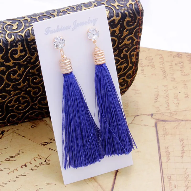 Bohemia Tassel Drop Earrings For Women Trendy Ethnic Crystal Silk Fabric Long Dangle Earring Female Fashion Party Jewelry