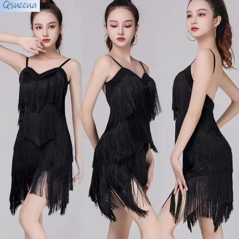 

New Latin Dance Adult Four-Layer Wave Tassel Dress Suspender Halter National Standard Practice Clothes