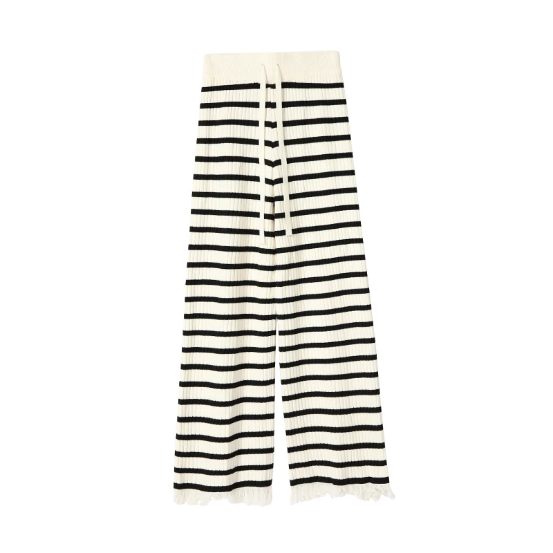 Striped fringe knitted wide leg pants for women in autumn and winter, new casual loose knit long pants