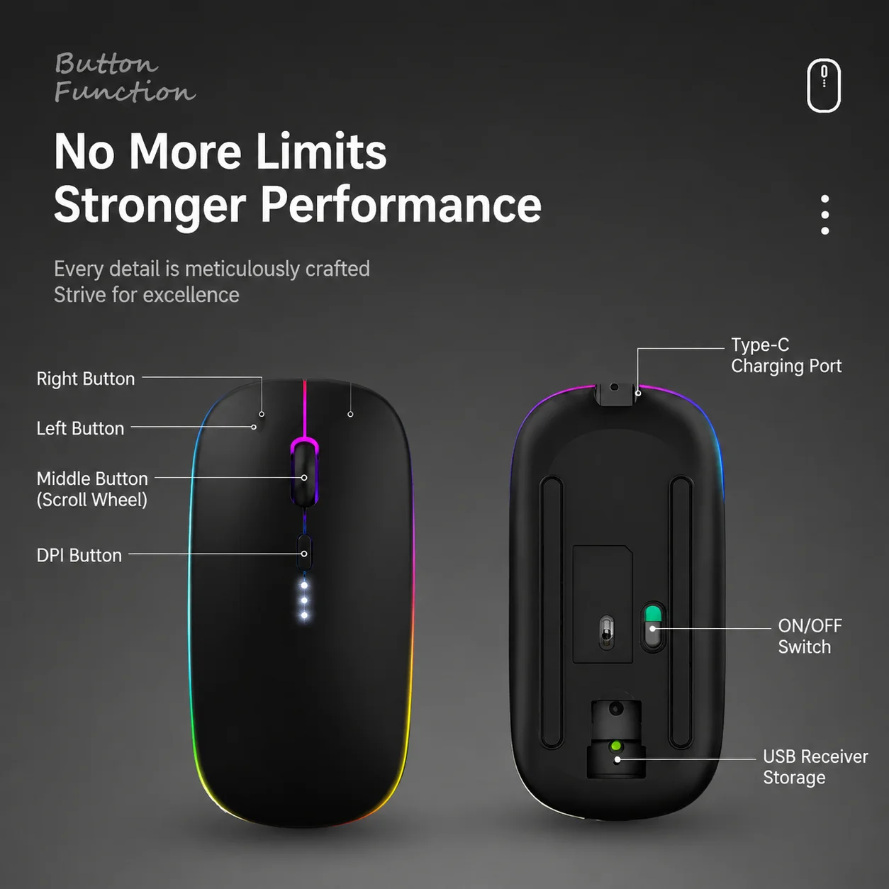 Ergonomic Wireless Bluetooth Mouse with USB Receiver