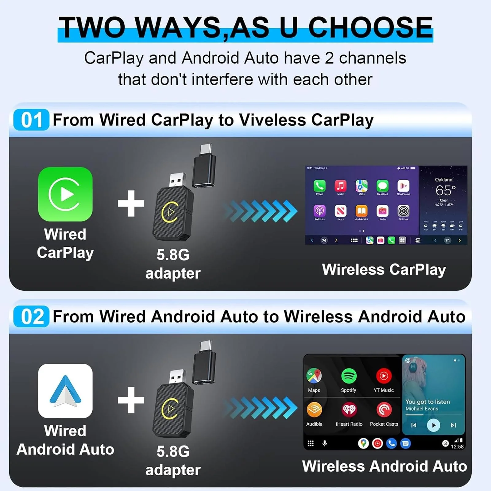 무선 CarPlay 어댑터 USB 동글 안드로이드 오토 호환 무선 오디오 비디오 어댑터