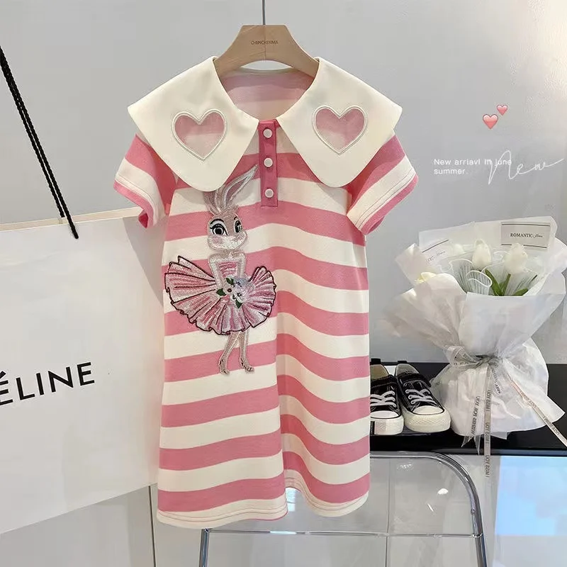 

Pink Cartoon Embroidery Short Sleeve Cotton Tshirt Dress for Girl 2022 Casual Button Pleated Kid Loose Summer Dresses Robes
