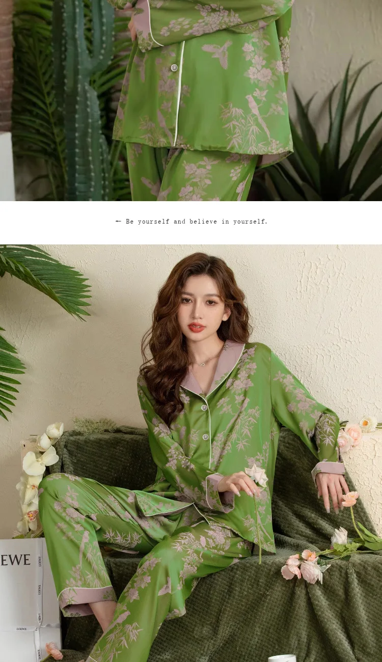 Frühling und Sommer Premium grüne Mode Revers Pyjama Lounge wear Set Damen Langarm Langhose Pyjama Lounge wear Set – Detail 7