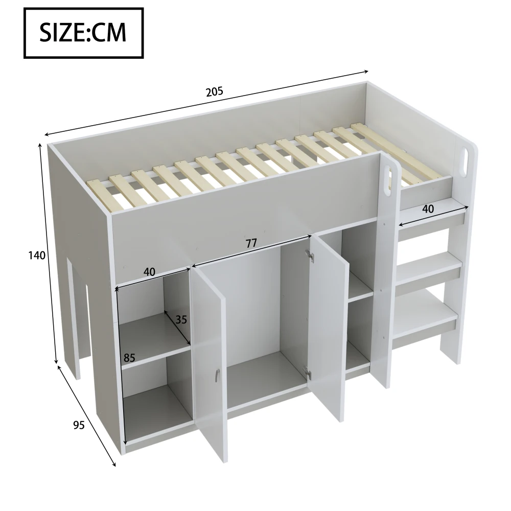 90*200cm Multifunktionales Hochbett mit Stauraum, Kleiderschrank und Regalen, Kinderbett mit Leiter und stabiler Konstruktion – Detail 25