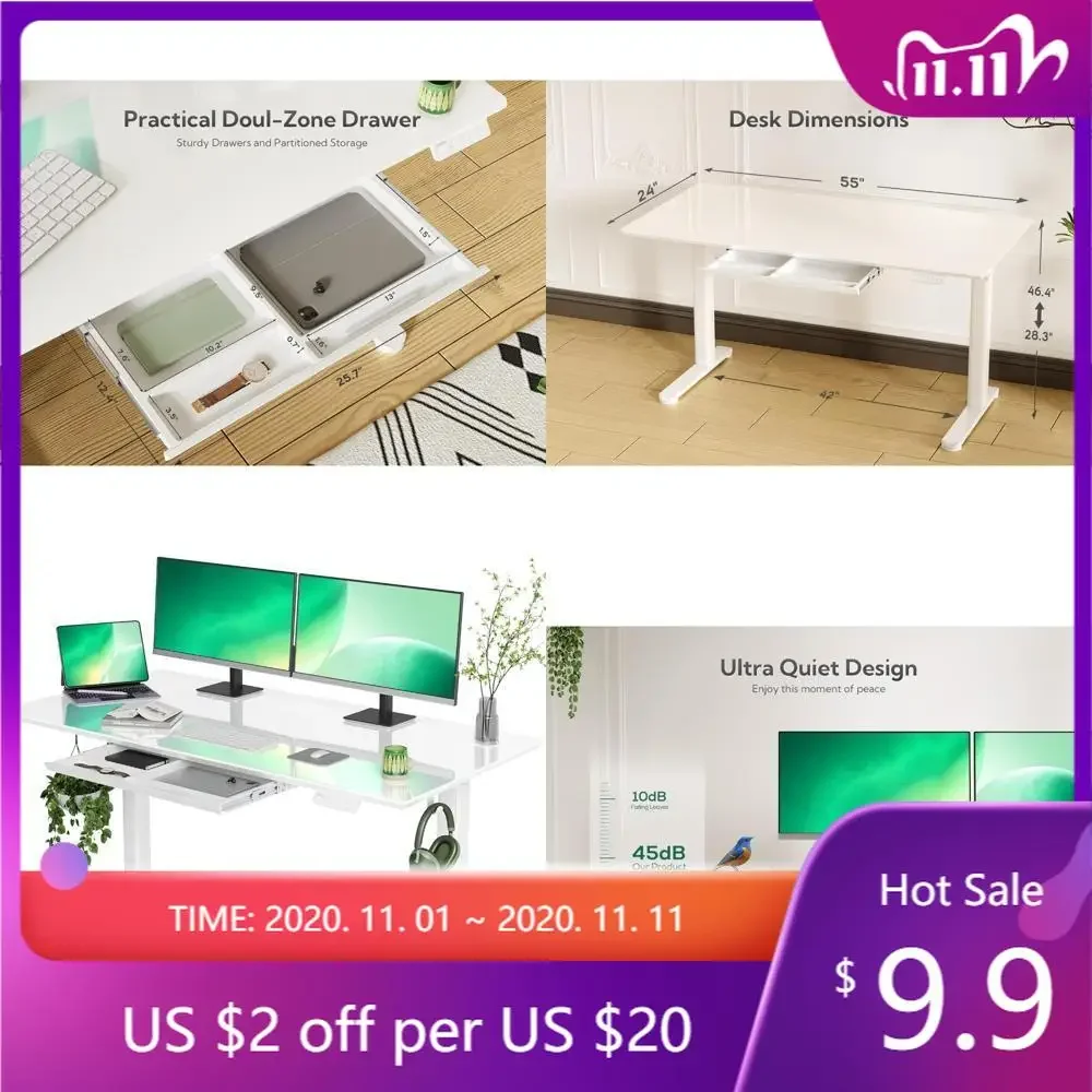 "white 55"x24" ergonomic standing desk with storage drawers for home office, quick assembly"