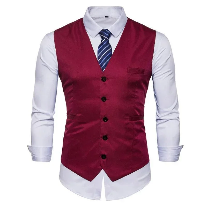 Classic Men's Solid Color Business Casual Slim Vest Formal Suit Waistcoat Male Wedding Tuxedo Social Vest