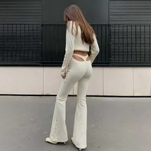 

High Waist Cut Out Back Sexy Winter Ribbed Knit Flare Pants Streetwear Women Wide Hem White Skinny Slim Trousers