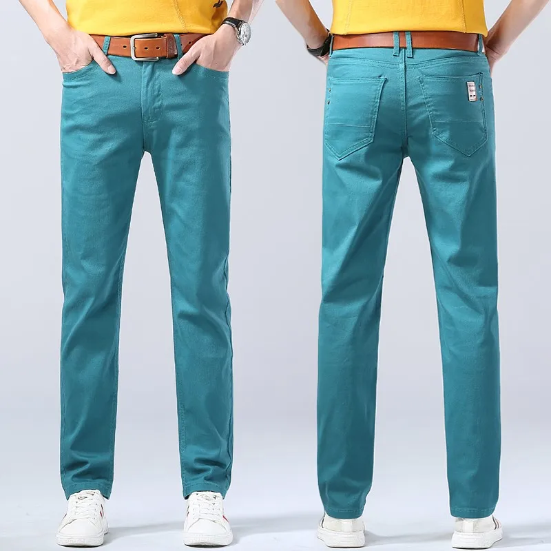 Fashion Straight Stretch Denim Pants Solid New Men's Slim Jeans Solid Yellow Red Green Blue Business Casual Classic Trousers 5