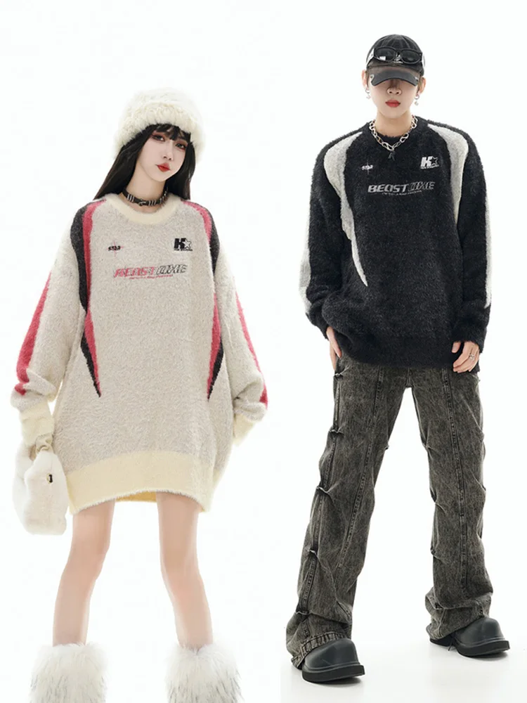 Pullover Sweater Round Neck Couple's Color Matching Geometric Pattern Jacquard Men's and Women's Same Loose AmericanRetro Spring
