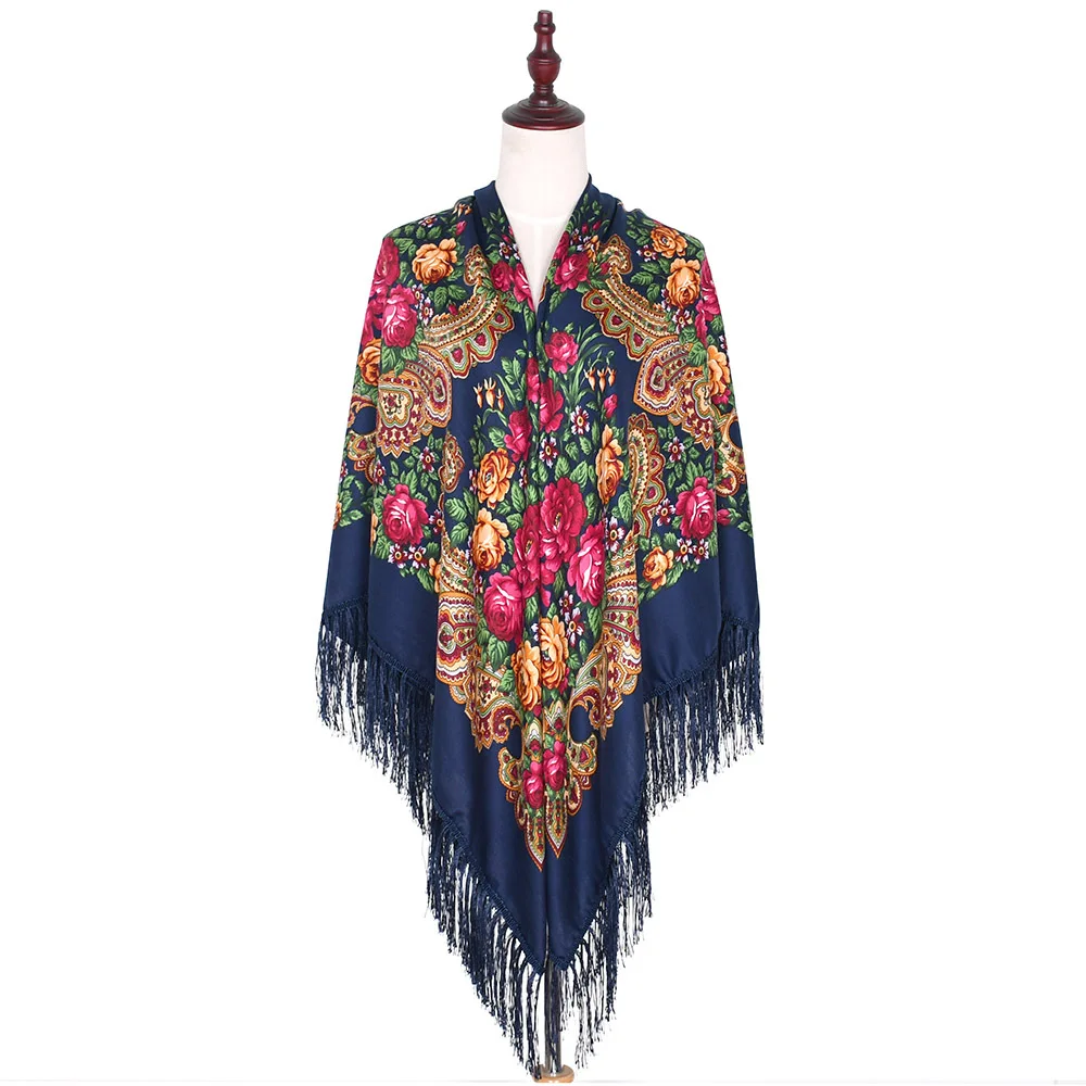 

160*160cm Russian Fringed Square Big Scarf For Women Retro Floral Pattern National Scarves Hijab Head Wraps Beach Travel Shawl