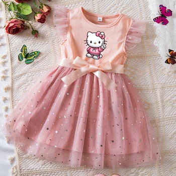 Hello Kitty – robe Tutu à paillettes pour filles, avec nœud, manches flottantes