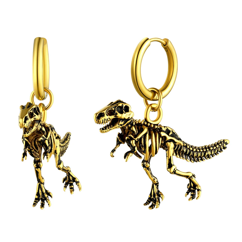 U7 Stainless Steel Dinosaur Dangle Earring 18K Gold Black Color Punk Tyrannosaurus Rex Skeleton Bone Rock Unisex Man Earrings