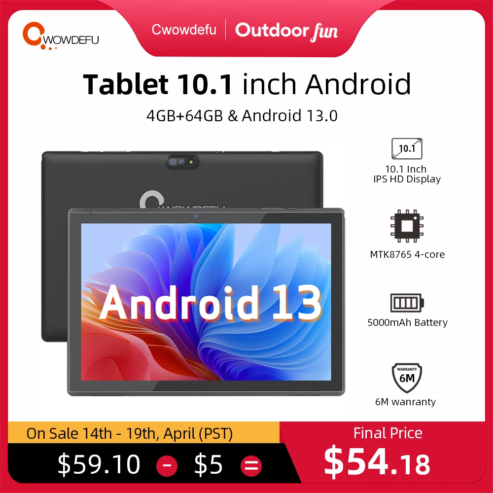 Cwowdefu Portable Android Tablet 10.1 Inch MTK8765 4-core 4+64GB 5000mAh Type-C GPS Google Certified Android 13 Tablet Wifi PC