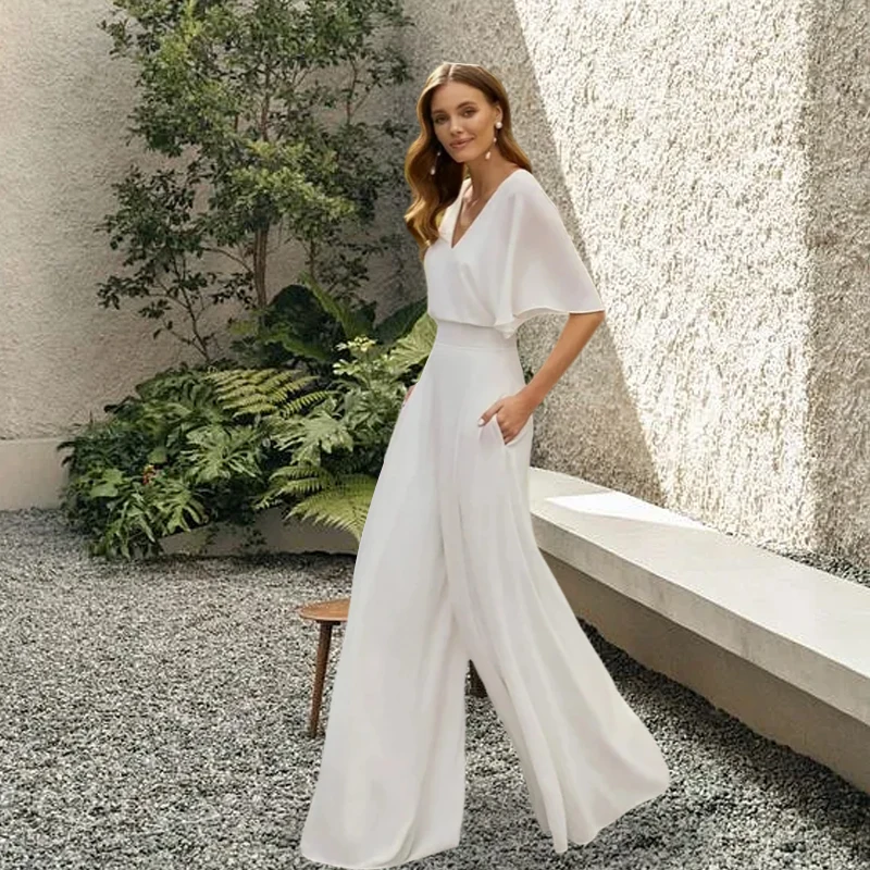 

Simple V-Neck Wedding Dresses Minimalist Jumpsuit Evening Gown High Waist Short Sleeves Chiffon Sheer Bcak Vestidos De Noiva