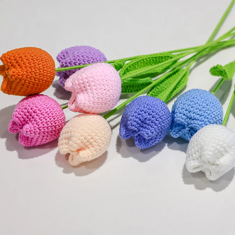 Tulip Knitting Flower Woven Tulips Single Flower Bouquet Wedding Decoration Graduation Gifts Hand Crochet Fake Floral 1PC