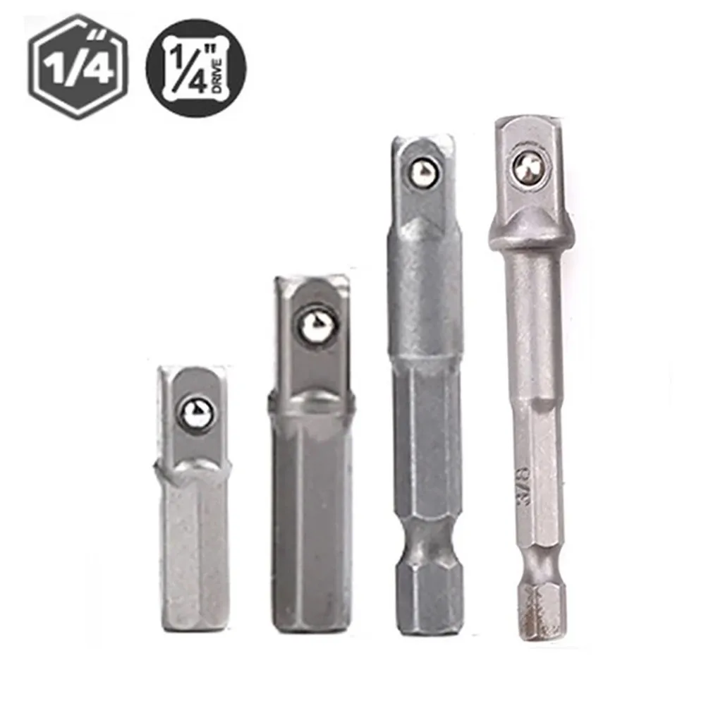 1/4pc Drill Socket Adapter Chrome-Vanadium Steel 1/4in Hex Shank To Square Socket Conversion Drill Bit Bar 25/30/50/65mm Tools