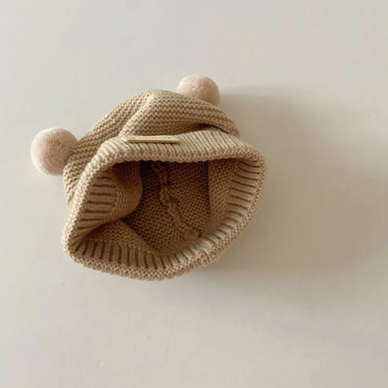 Korean Baby Knitted Hat Cute Winter Warm Double Ball Newborn Beanie 2-15 Months Boy Girl Infant Solid Color Woolen Skullies Cap 6