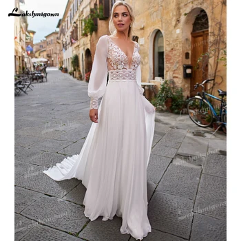 Lakshmigown Chiffon Lace Boho Wedding Dress A-Line V Neck Bridal Gown Long Sleeve Backless Beach Wedding Gown Customized 1