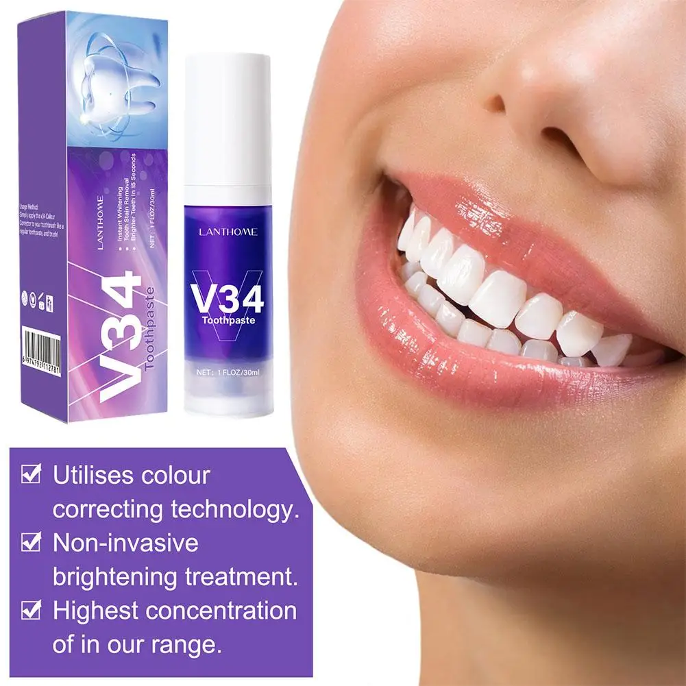 

V34 Teeth Whitening Purple Toothpaste Remove Teeth Whitening Oral Breath Stain Fresh Care Corrector Brightening Essence Col X9M9