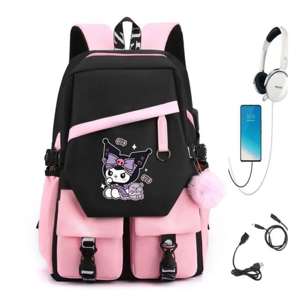 

MINISO USB Girls Backpack Melody School Book Bags Kuromi Teen Women Men Travel Bags Laptop Headphone Port Mochila Gift
