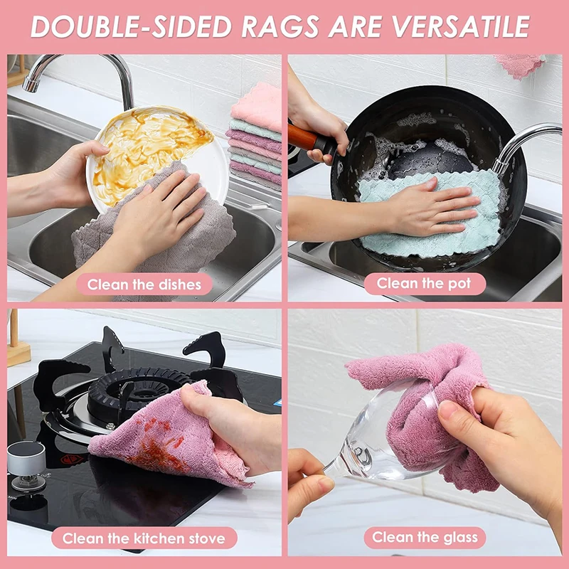 5/10pcs Double-layer Microfiber Towel Super Absorbent Coral Fleece Cleaning Cloths Kitchen Non-stick Oil Dishcloths Scouring Rag