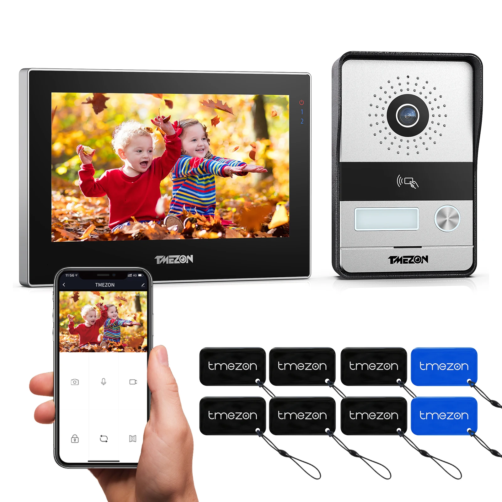 Tmezon 2-Draht-WLAN-Video-Türsprechanlage 7-Zoll-WLAN-Touchscreen mit 1080p kabel gebundener Türklingel 4 in1 App/Passwort/Karten-Swipe/Monitor Tuya