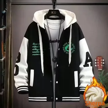 Stylish Spring Autumn Boys Jacket Fleece-Lined Thickened Winter School Uniform Middle School Students Big Kids Teen Hooded Baseb 1