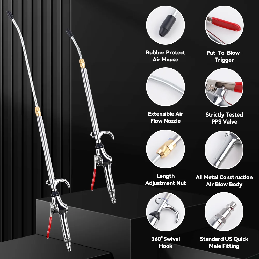 44-64CM Extendable Industrial Air Blow Gun Extensible Stainless Steel Air Flow Nozzle Pneumatic Dust Blower 360&deg; Swivel