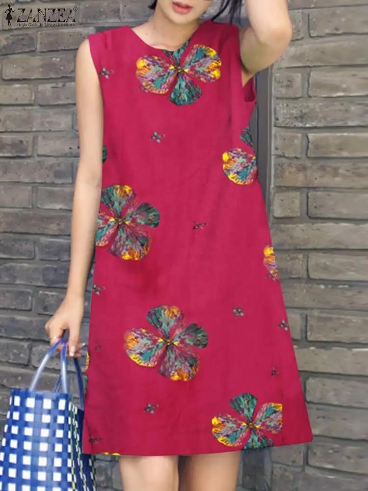 

ZANZEA Bohemian Printed Dresses For Women Vintage Robe Summer Causal Sleeveless Dress Floral O Neck Holiday Sundress OL Vestido