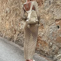 Sexy Round Collar Long Sleeve Wrap Dress Knitting Hollow Out Beachwear Cover Up Summer Holiday Beach Elegant Long Dress - Image 5