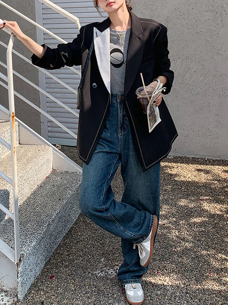 BZVW Black Asymmetric Contrasting Color Blazer For Women Jacket 2023 Autumn New Versatile Designer Suit Jacket Female 25X5001