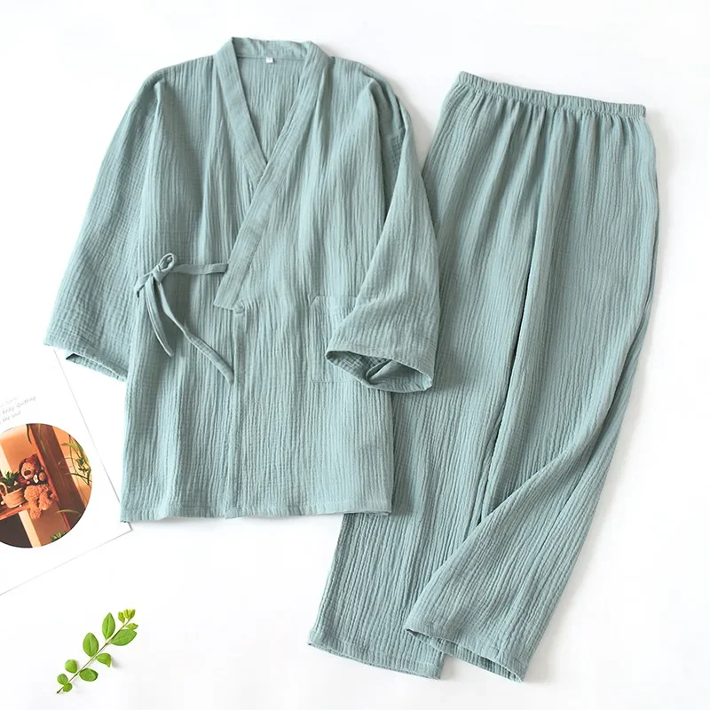 Summer Woman Japanese Couples Pajamas Thin Cotton Gauze Crepe Kimono Yukata Homewear Short Sleeve Sleepwear Loose Nightgown